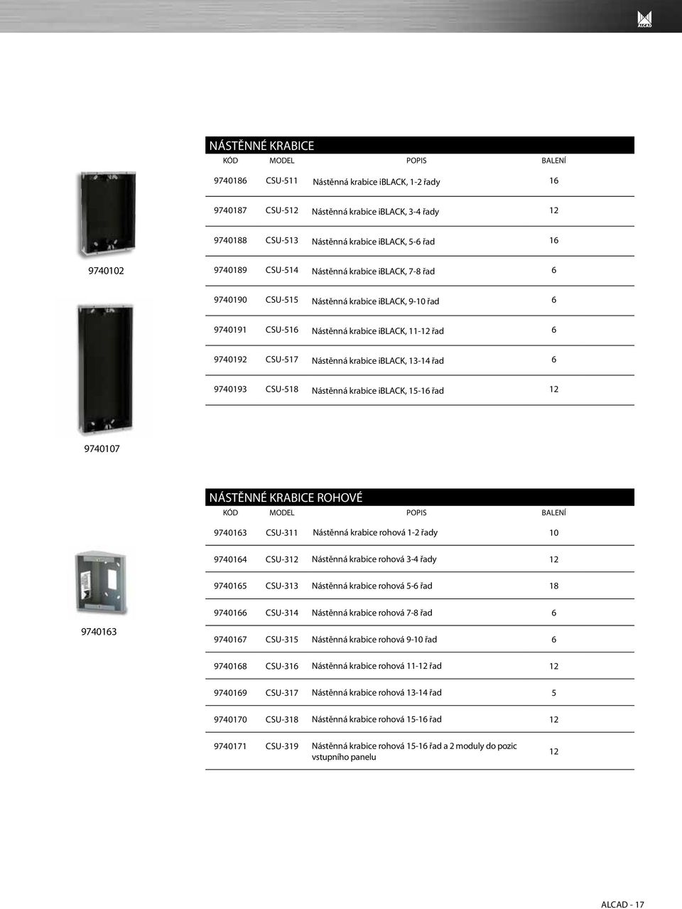 Nástěnná krabice iblack, -16 řad 9740107 NÁSTĚNNÉ KRABICE ROHOVÉ 9740163 CSU-311 Nástěnná krabice rohová 1-2 řady 10 9740164 CSU-3 Nástěnná krabice rohová 3-4 řady 974016 CSU-313 Nástěnná krabice