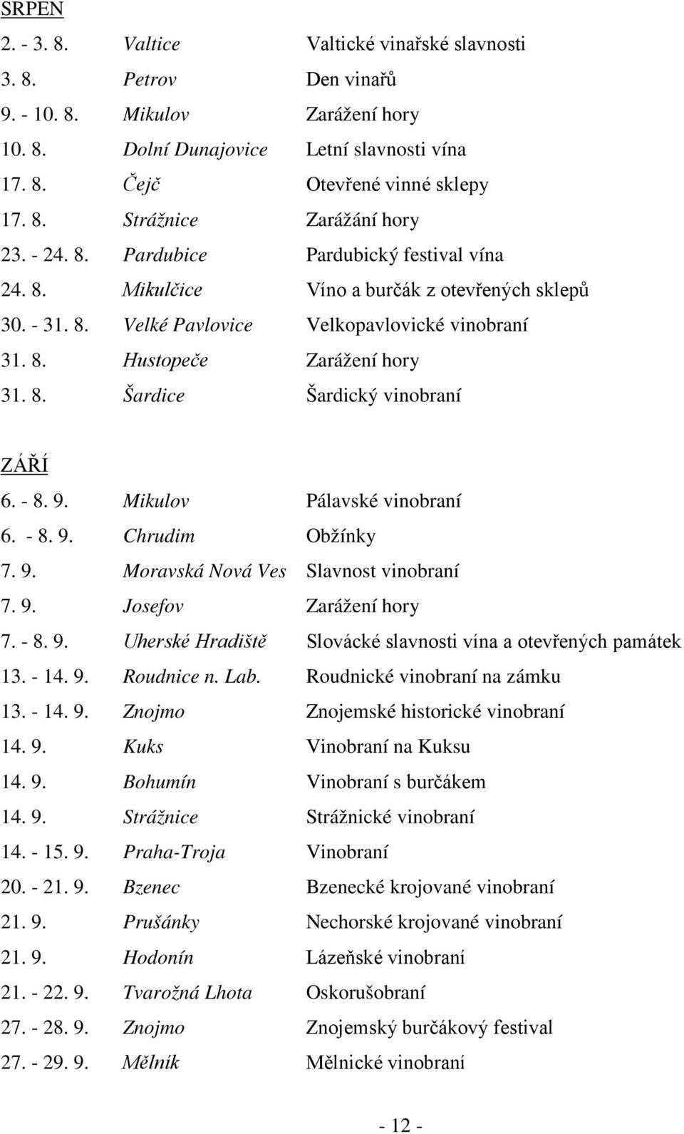 - 8. 9. Mikulov Pálavské vinobraní 6. - 8. 9. Chrudim Obžínky 7. 9. Moravská Nová Ves Slavnost vinobraní 7. 9. Josefov Zarážení hory 7. - 8. 9. Uherské Hradiště Slovácké slavnosti vína a otevřených památek 13.