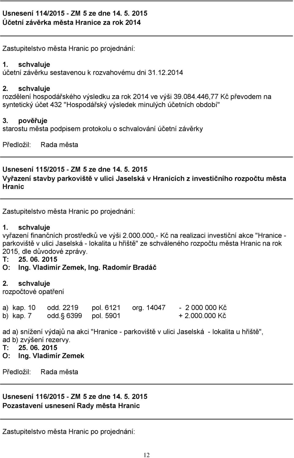 pověřuje starostu města podpisem protokolu o schvalování účetní závěrky Usnesení 115/2015 - ZM 5 