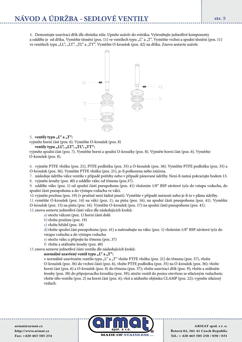 8) ventily typu LL, LT, TL, TT : vyjměte spodní část (poz. 7). horní a spodní O-kroužky (poz. 8). Vyjměte horní část (poz. 6). O-kroužek (poz. 8). 6. vyjměte PTFE vložku (poz. 21), PTFE podložku (poz.