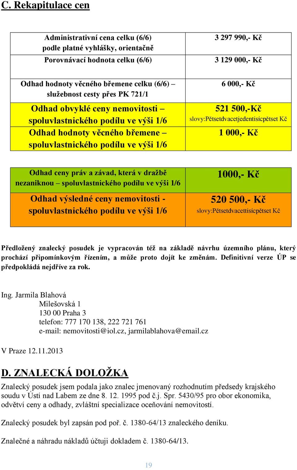 slovy:pětsetdvacetjedentisícpětset Kč 1 000,- Kč Odhad ceny práv a závad, která v dražbě nezaniknou spoluvlastnického podílu ve výši 1/6 Odhad výsledné ceny nemovitosti - spoluvlastnického podílu ve