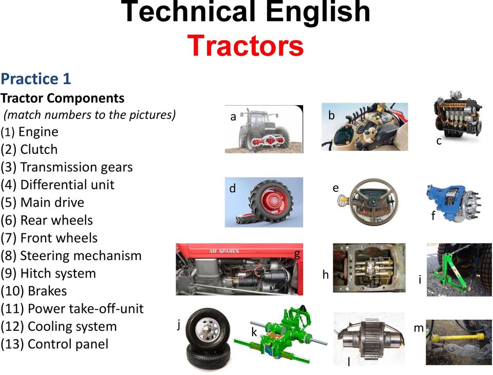 Front wheels (8) Steering mechanism (9) Hitch system (10) Brakes (11) Power