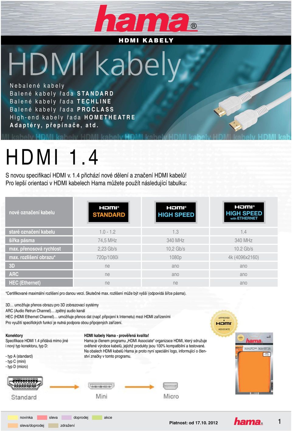 Pro lepší orientaci v HDMI kabelech Hama můžete použít následující tabulku: nové označení kabelu staré označení kabelu 1.0-1.2 1.3 1.4 šířka pásma 74,5 MHz 340 MHz 340 MHz max.