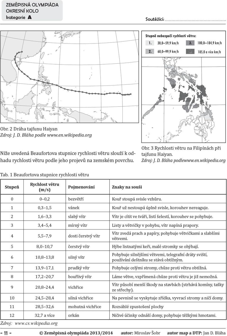 Bláha podlewww.en.wikipedia.org Tab. 1 Beaufortova stupnice rychlosti větru Stupeň Rychlost větru (m/s) Pojmenování Znaky na souši - 11-0 0 0,2 bezvětří Kouř stoupá svisle vzhůru.