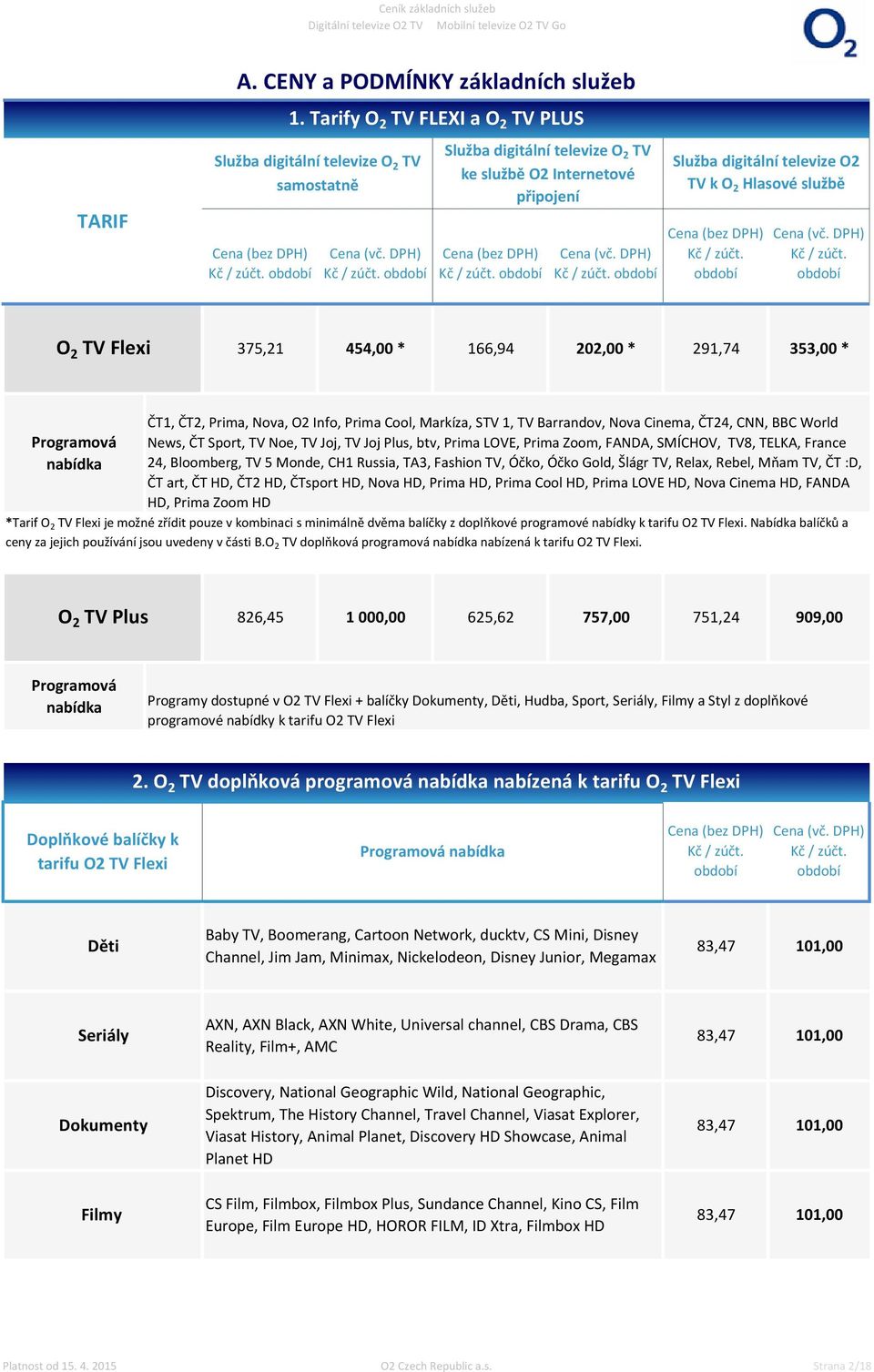 období Služba digitální televize O2 TV k O 2 Hlasové službě Kč / zúčt. období Kč / zúčt.