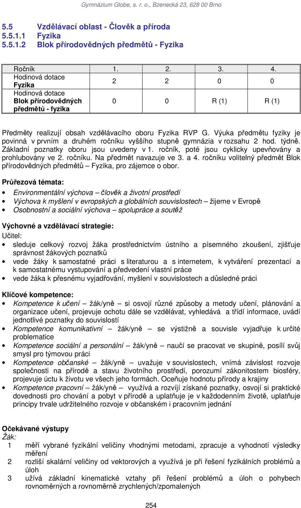 Výuka předmětu fyziky je povinná v prvním a druhém ročníku vyššího stupně gymnázia v rozsahu 2 hod. týdně.