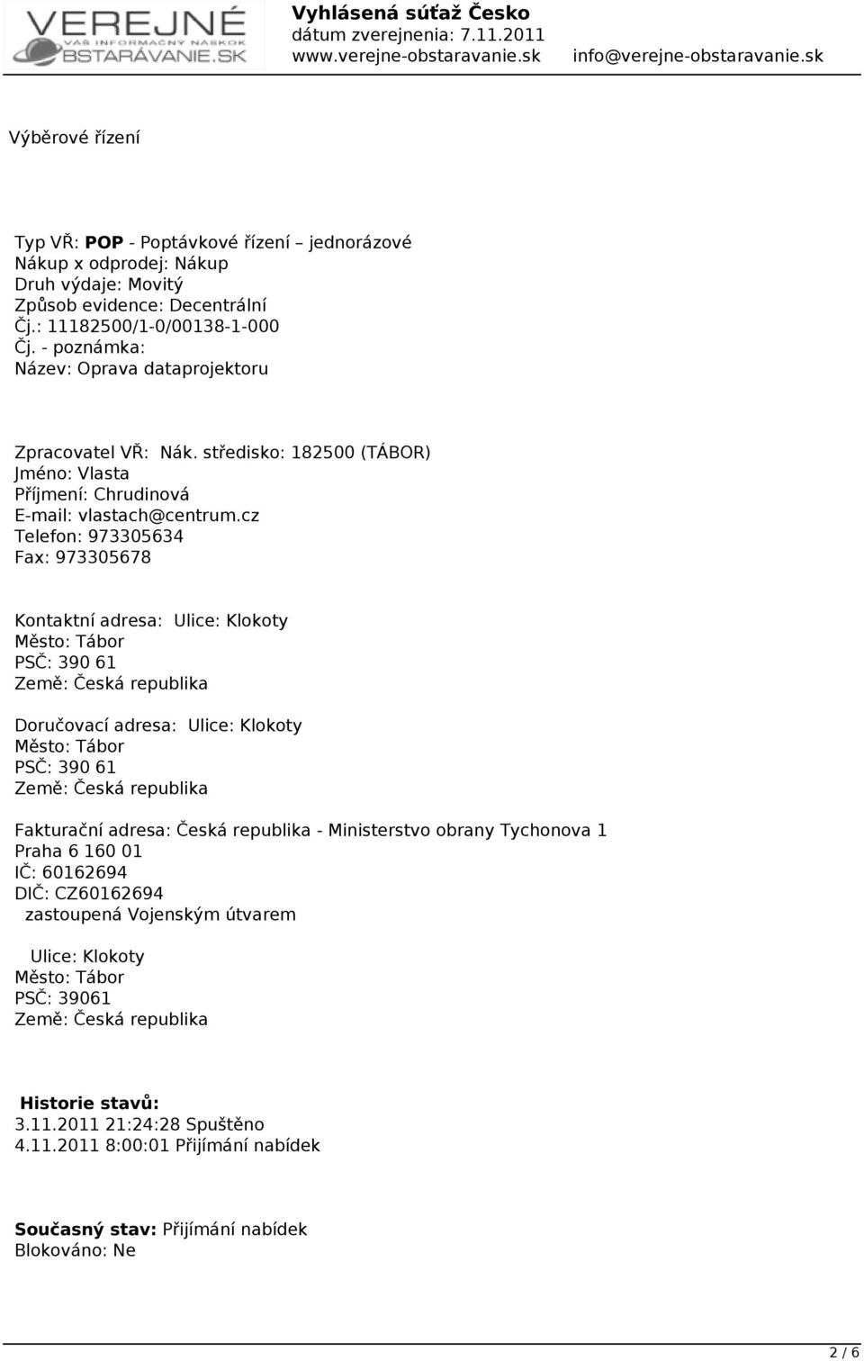 cz Telefon: 973305634 Fax: 973305678 Kontaktní adresa: Ulice: Klokoty Město: Tábor PSČ: 390 61 Země: Česká republika Doručovací adresa: Ulice: Klokoty Město: Tábor PSČ: 390 61 Země: Česká republika
