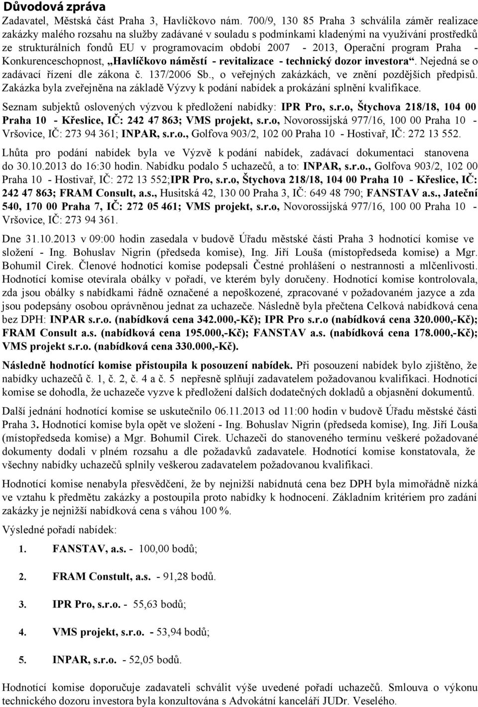 2007-2013, Operační program Praha - Konkurenceschopnost, Havlíčkovo náměstí - revitalizace - technický dozor investora. Nejedná se o zadávací řízení dle zákona č. 137/2006 Sb.