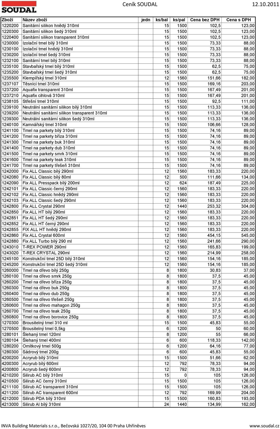 1235100 Stavbařský tmel bílý 310ml 15 1500 62,5 75,00 1235200 Stavbařský tmel šedý 310ml 15 1500 62,5 75,00 1235500 Klempířský tmel 310ml 12 1560 151,66 182,00 1237107 Těsnící tmel 310ml 15 1500