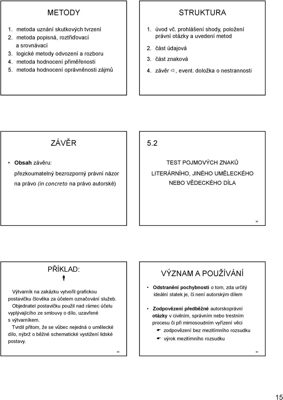 2 Obsah závěru: přezkoumatelný bezrozporný právní názor na právo (in concreto na právo autorské) TEST POJMOVÝCH ZNAKŮ LITERÁRNÍHO, JINÉHO UMĚLECKÉHO NEBO VĚDECKÉHO DÍLA 87 88 PŘÍKLAD: Výtvarník na