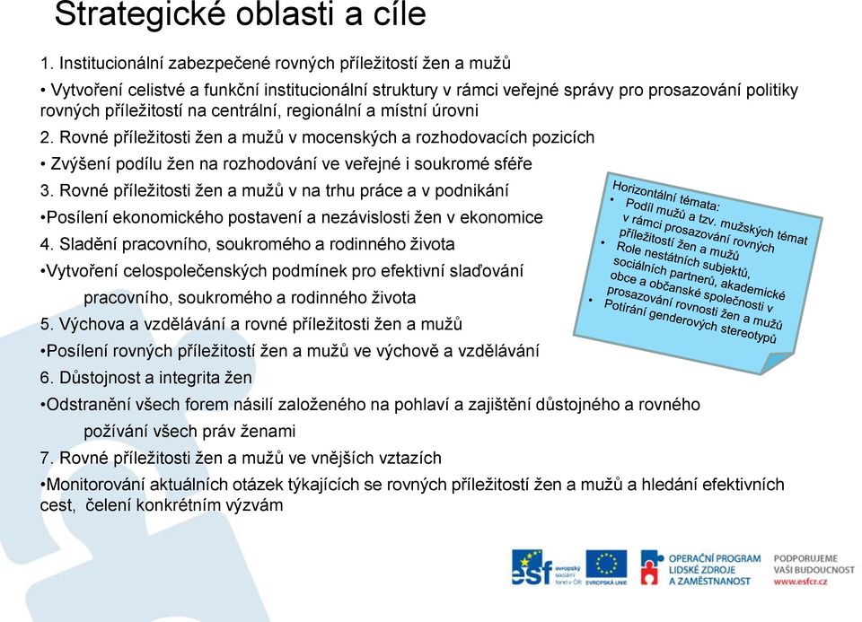 regionální a místní úrovni 2. Rovné příležitosti žen a mužů v mocenských a rozhodovacích pozicích Zvýšení podílu žen na rozhodování ve veřejné i soukromé sféře 3.