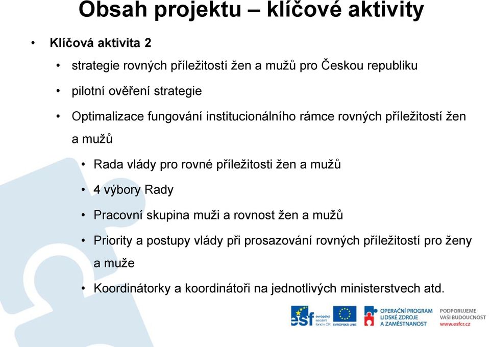 pro rovné příležitosti žen a mužů 4 výbory Rady Pracovní skupina muži a rovnost žen a mužů Priority a postupy vlády