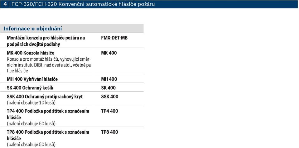 , včetně patice hlásiče FMX-DET-MB MK 400 MH 400 Vyhřívání hlásiče MH 400 SK 400 Ochranný košík SK 400 SSK 400 Ochranný protiprachový kryt