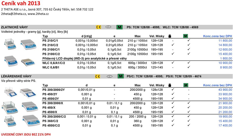 2100g 10500ct 195 195-12 600,00 PS 2100/C/2 0,01g / 0,05ct 0,1g/0,5ct 2100g 10500ct 195 195 15 400,00 Přídavný LCD displej (WD-3) pro analytické a přesné váhy 1 800,00 WLC 0,6/A1/C/2 0,01g / 0,05ct