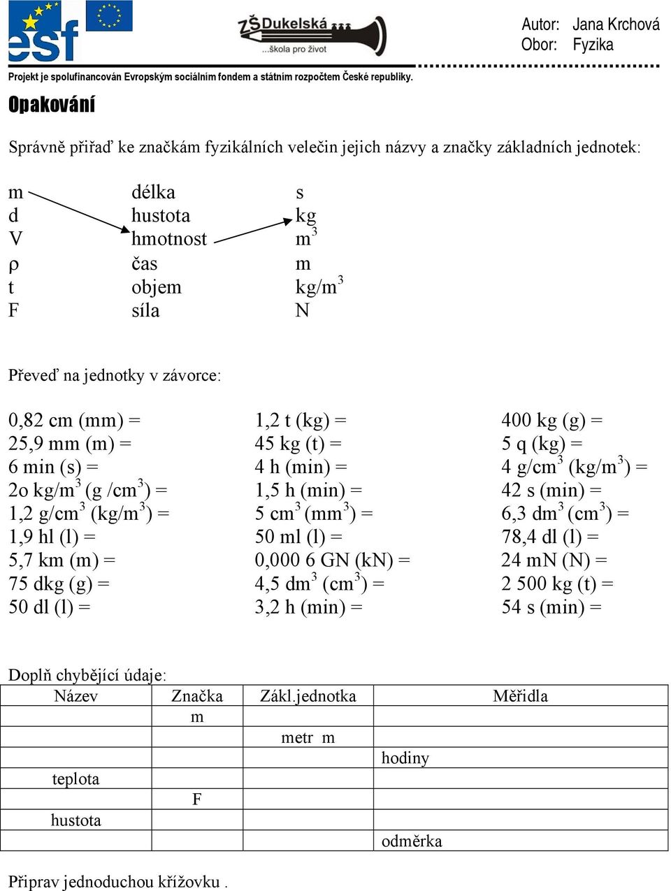 g/cm 3 (kg/m 3 ) = 5 cm 3 (mm 3 ) = 6,3 dm 3 (cm 3 ) = 1,9 hl (l) = 50 ml (l) = 78,4 dl (l) = 5,7 km (m) = 0,000 6 GN (kn) = 24 mn (N) = 75 dkg (g) = 4,5 dm 3 (cm 3 ) = 2 500