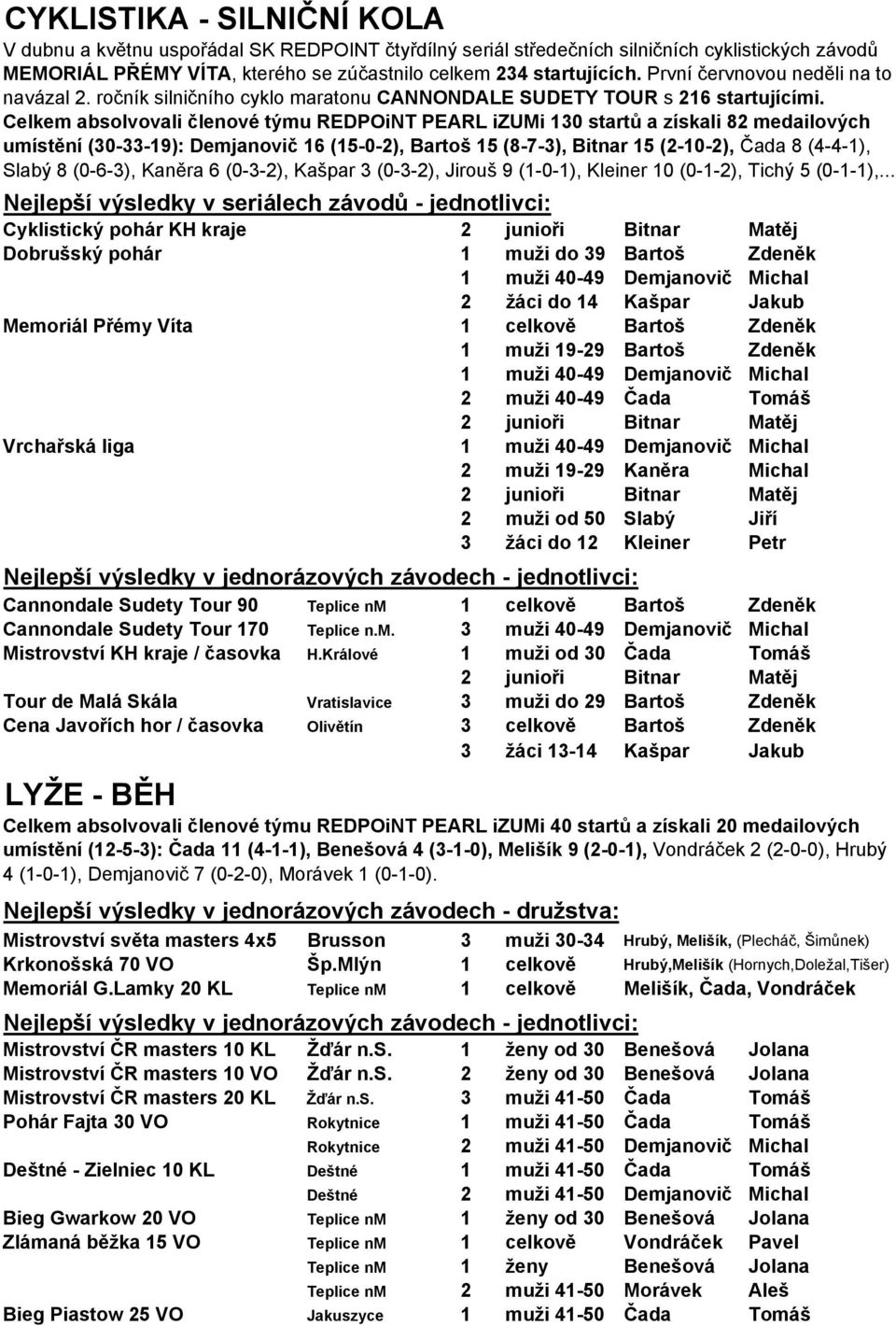Celkem absolvovali členové týmu REDPOiNT PEARL izumi 130 startů a získali 82 medailových umístění (30-33-19): Demjanovič 16 (15-0-2), Bartoš 15 (8-7-3), Bitnar 15 (2-10-2), Čada 8 (4-4-1), Slabý 8