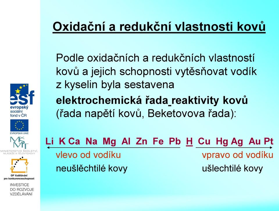 řada reaktivity kovů (řada napětí kovů, Beketovova řada): Li K Ca Na Mg Al Zn Fe