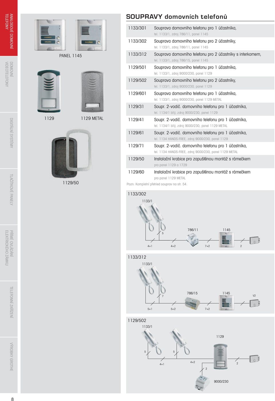 1133/1, zdroj 786/15, panel 1145 119/501 Souprava domovního telefonu pro 1 účastníka, tel. 1133/1, zdroj 9000/30, panel 119 119/50 Souprava domovního telefonu pro účastníky, tel.
