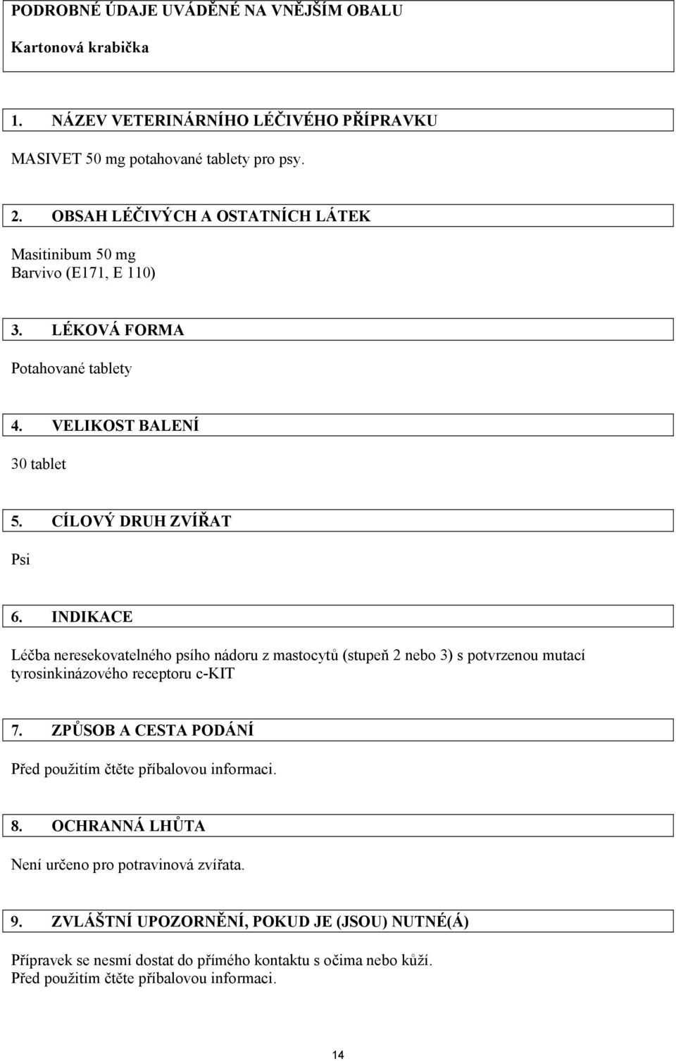 INDIKACE Léčba neresekovatelného psího nádoru z mastocytů (stupeň 2 nebo 3) s potvrzenou mutací tyrosinkinázového receptoru c-kit 7.