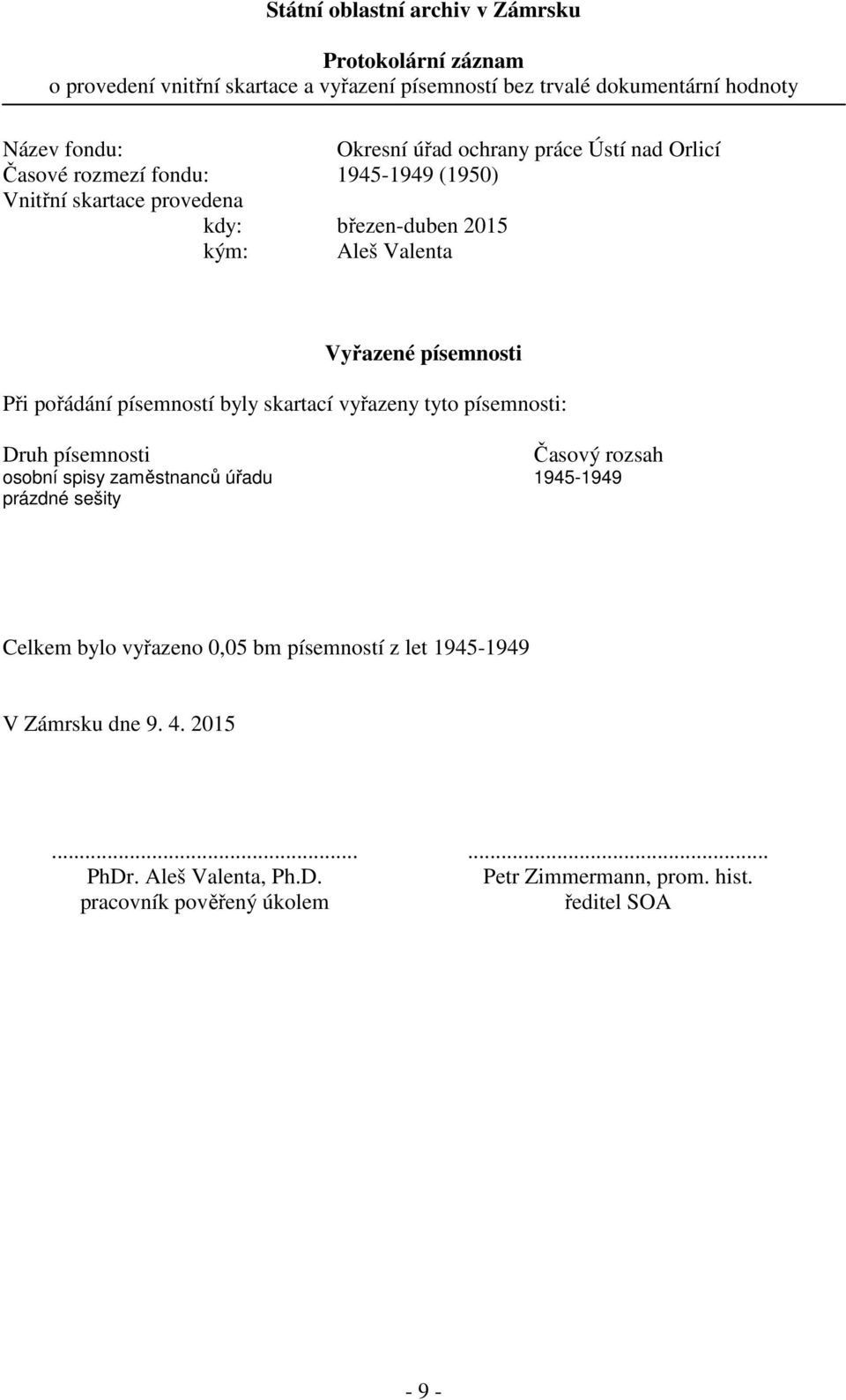 pořádání písemností byly skartací vyřazeny tyto písemnosti: Druh písemnosti Časový rozsah osobní spisy zaměstnanců úřadu 1945-1949 prázdné sešity Celkem bylo