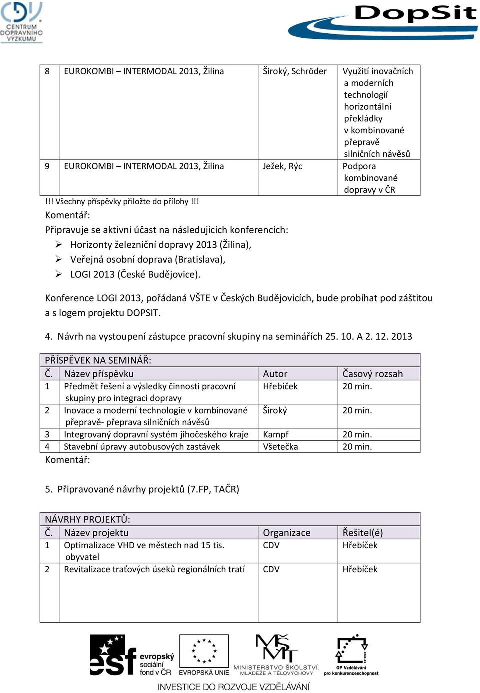 !! Připravuje se aktivní účast na následujících konferencích: Horizonty železniční dopravy 2013 (Žilina), Veřejná osobní doprava (Bratislava), LOGI 2013 (České Budějovice).