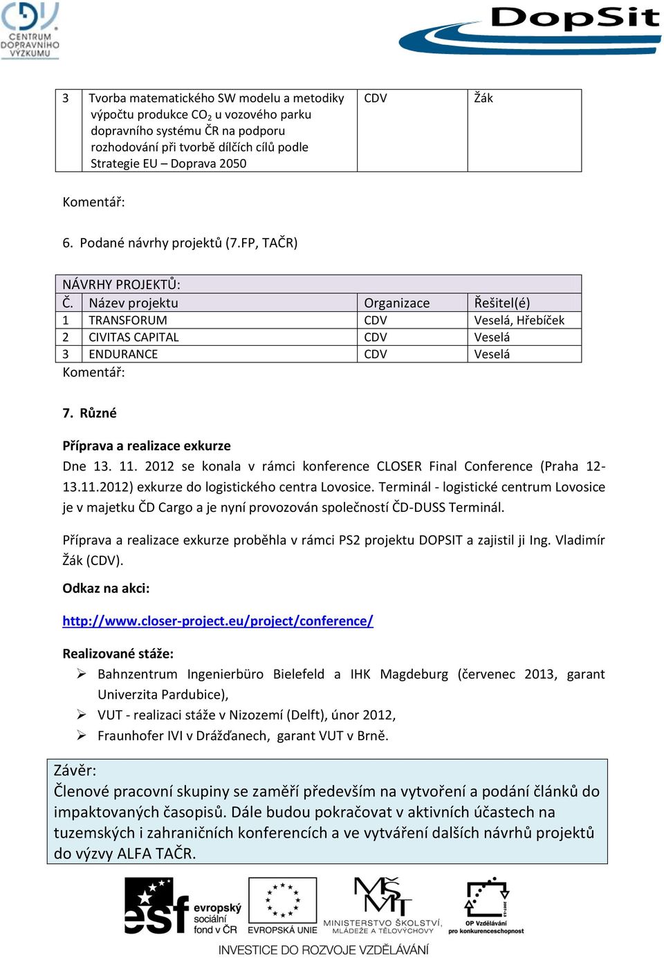 Různé Příprava a realizace exkurze Dne 13. 11. 2012 se konala v rámci konference CLOSER Final Conference (Praha 12-13.11.2012) exkurze do logistického centra Lovosice.