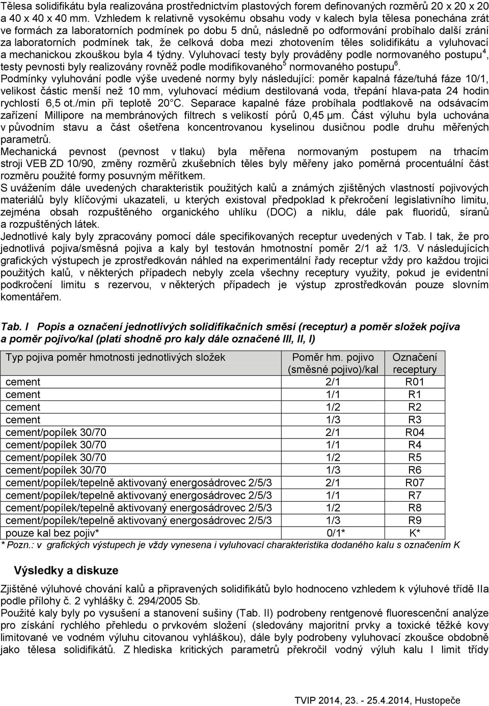 podmínek tak, že celková doba mezi zhotovením těles solidifikátu a vyluhovací a mechanickou zkouškou byla 4 týdny.