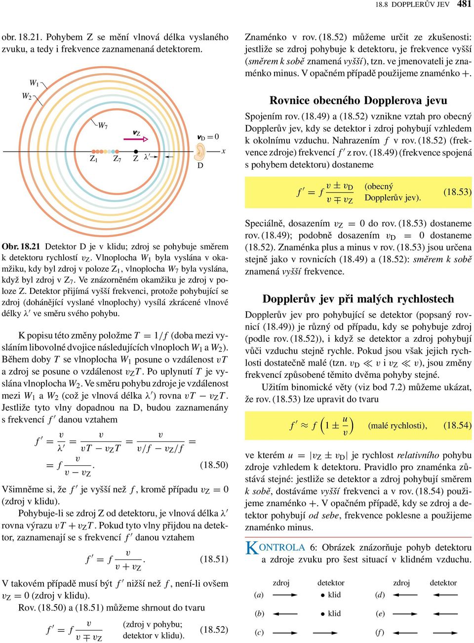 Ronice obecného Doppleroa jeu Spojením ro. (18.49) a (18.52) znikne ztah pro obecný Dopplerů je, kdy se detektor i zdroj pohybují zhledem k okolnímu zduchu. Nahrazením f ro. (18.52) (frekence zdroje) frekencí f z ro.