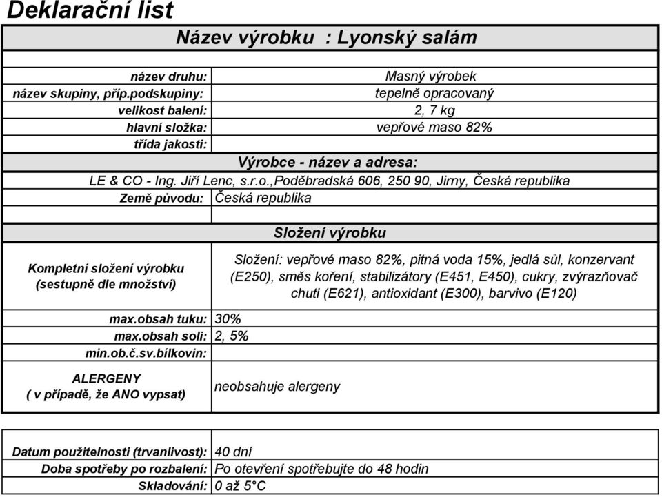 voda 15%, jedlá sůl, konzervant (E250), směs koření, stabilizátory (E451,