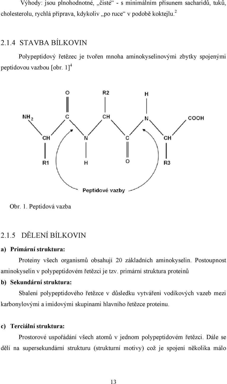 4 Obr. 1. Peptidová vazba 2.1.5 DĚLENÍ BÍLKOVIN a) Primární struktura: Proteiny všech organismů obsahují 20 základních aminokyselin. Postoupnost aminokyselin v polypeptidovém řetězci je tzv.