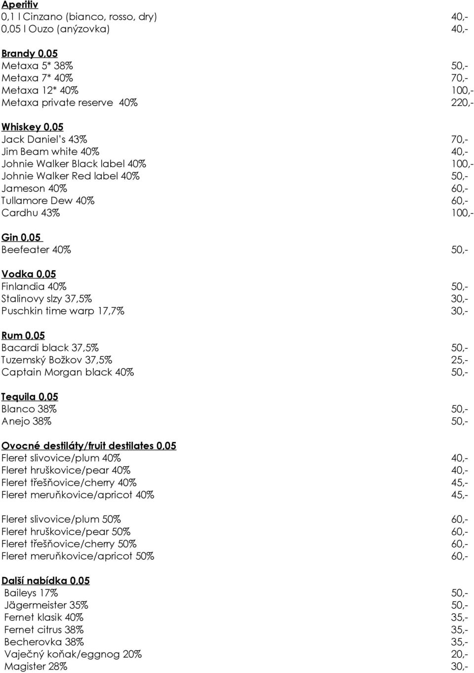 Vodka 0,05 Finlandia 40% 50,- Stalinovy slzy 37,5% 30,- Puschkin time warp 17,7% 30,- Rum 0,05 Bacardi black 37,5% 50,- Tuzemský Božkov 37,5% 25,- Captain Morgan black 40% 50,- Tequila 0,05 Blanco