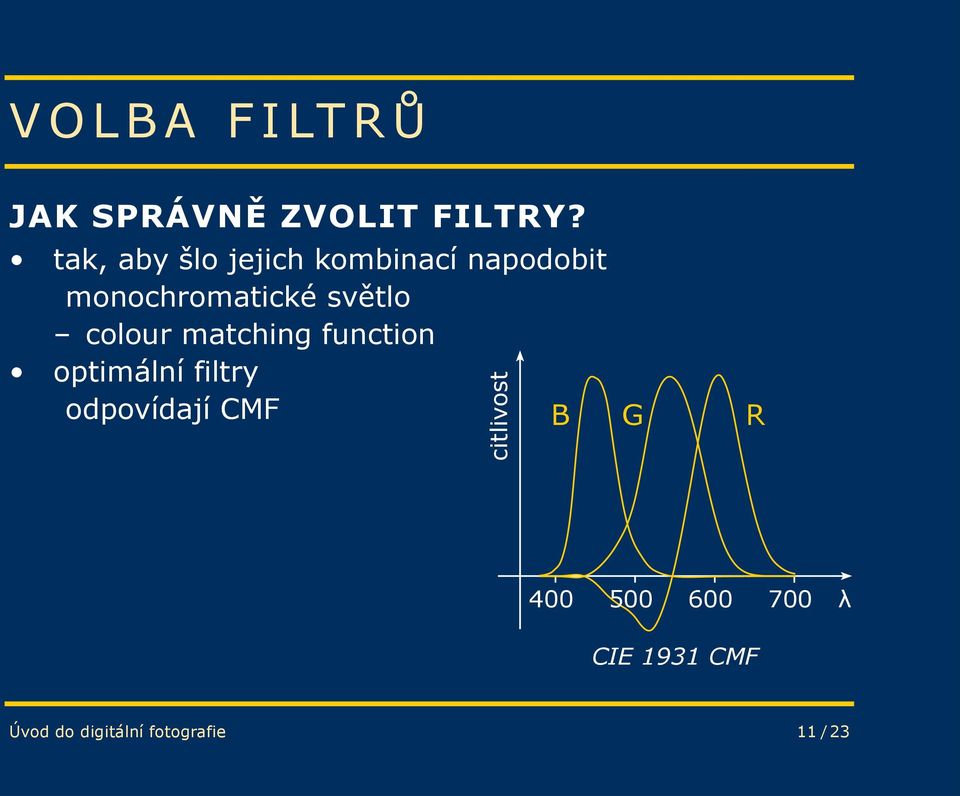 světlo colour matching function optimální filtry odpovídají