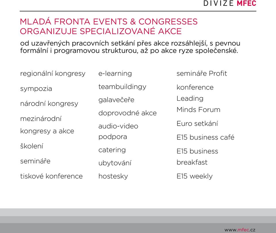regionální kongresy sympozia národní kongresy mezinárodní kongresy a akce školení semináře tiskové konference e-learning teambuildingy