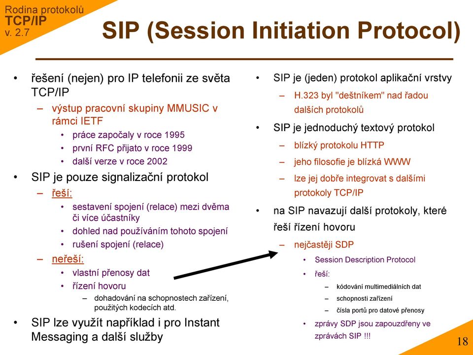 dohadování na schopnostech zařízení, použitých kodecích atd. SIP lze využít například i pro Instant Messaging a další služby SIP je (jeden) protokol aplikační vrstvy H.