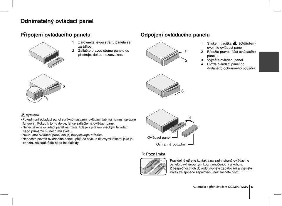 4 Uložte ovládací panel do dodaného ochranného pouzdra. 2 3 1 Výstraha Pokud není ovládací panel správně nasazen, ovládací tlačítka nemusí správně fungovat.