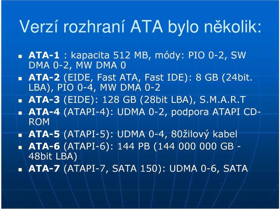 LBA), PIO 0-4, MW DMA 0-2 ATA-3 (EIDE): 128 GB (28bit LBA), S.M.A.R.