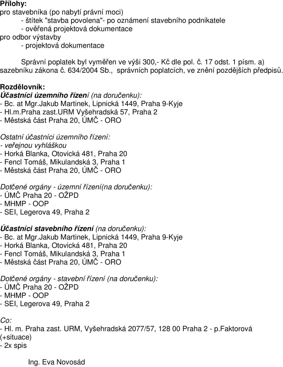 Rozdělovník: Účastníci územního řízení (na doručenku): - Bc. at Mgr.Jakub Martinek, Lipnická 1449, Praha 9-Kyje - Hl.m.Praha zast.
