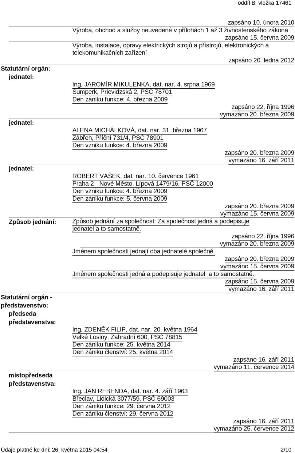 června 2009 Výroba, instalace, opravy elektrických strojů a přístrojů, elektronických a telekomunikačních zařízení zapsáno 20. ledna 2012 Ing. JAROMÍR MIKULENKA, dat. nar. 4.