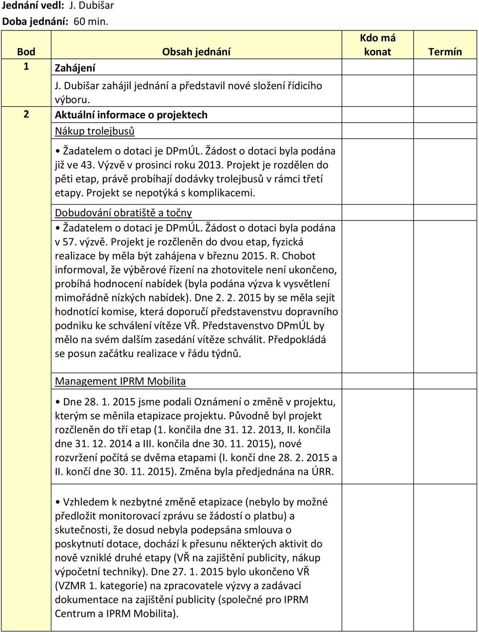 Projekt je rozdělen do pěti etap, právě probíhají dodávky trolejbusů v rámci třetí etapy. Projekt se nepotýká s komplikacemi. Dobudování obratiště a točny Žadatelem o dotaci je DPmÚL.
