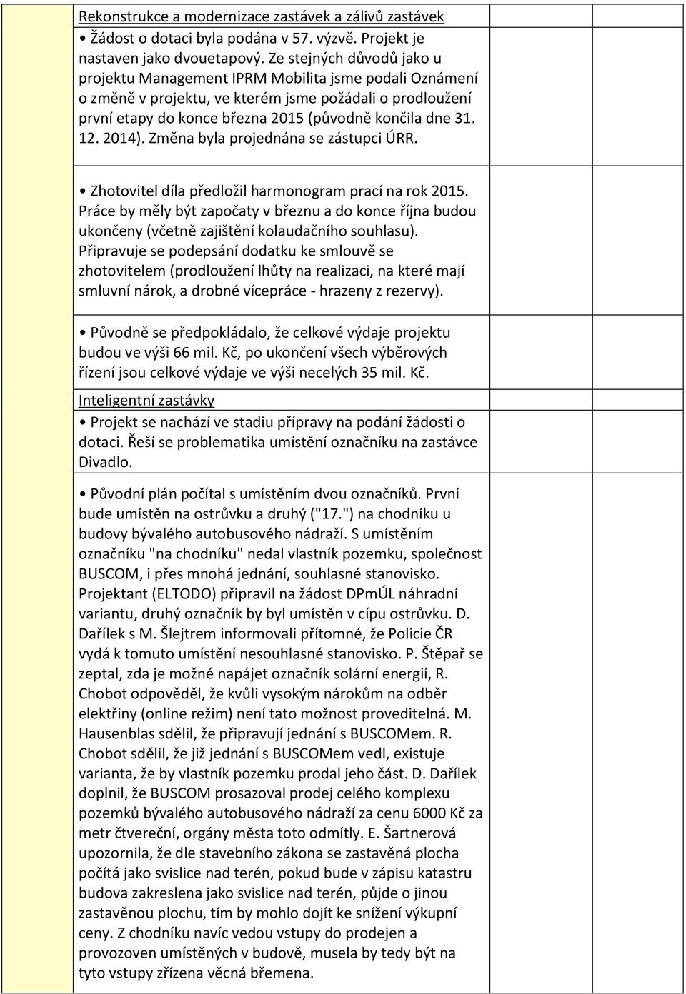 2014). Změna byla projednána se zástupci ÚRR. Zhotovitel díla předložil harmonogram prací na rok 2015.