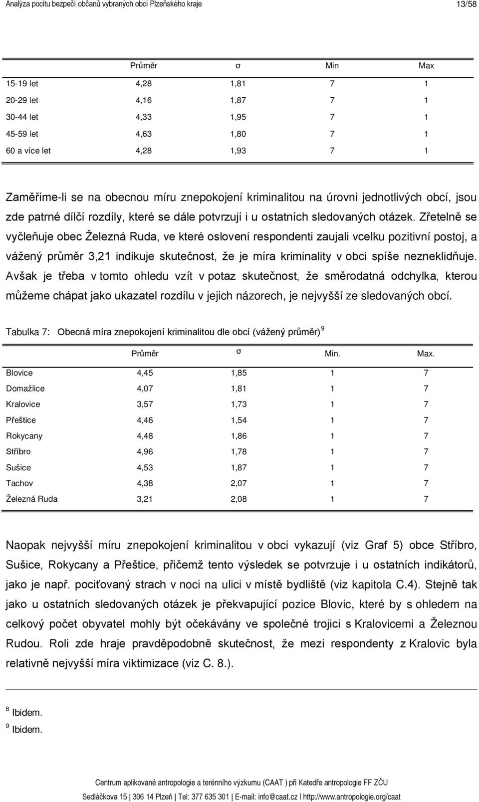 Zřetelně se vyčleňuje obec Železná Ruda, ve které oslovení respondenti zaujali vcelku pozitivní postoj, a vážený průměr 3,21 indikuje skutečnost, že je míra kriminality v obci spíše nezneklidňuje.