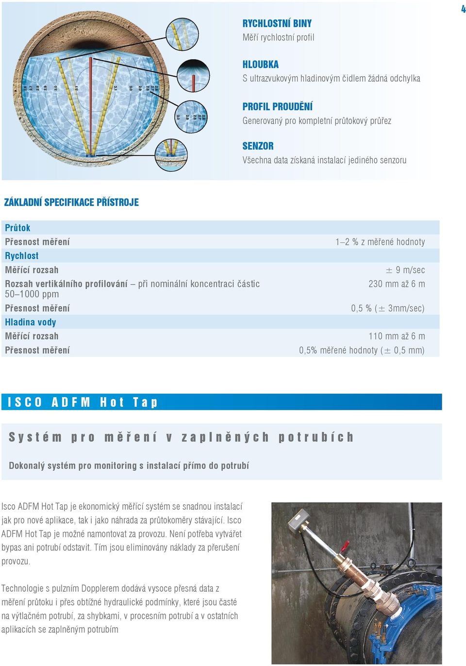 m 0,5 % (± 3mm/sec) 110 mm až 6 m 0,5% měřené hodnoty (± 0,5 mm) Isco ADFM Hot Tap Systém pro měření v zaplněných potrubích Dokonalý systém pro monitoring s instalací přímo do potrubí Isco ADFM Hot