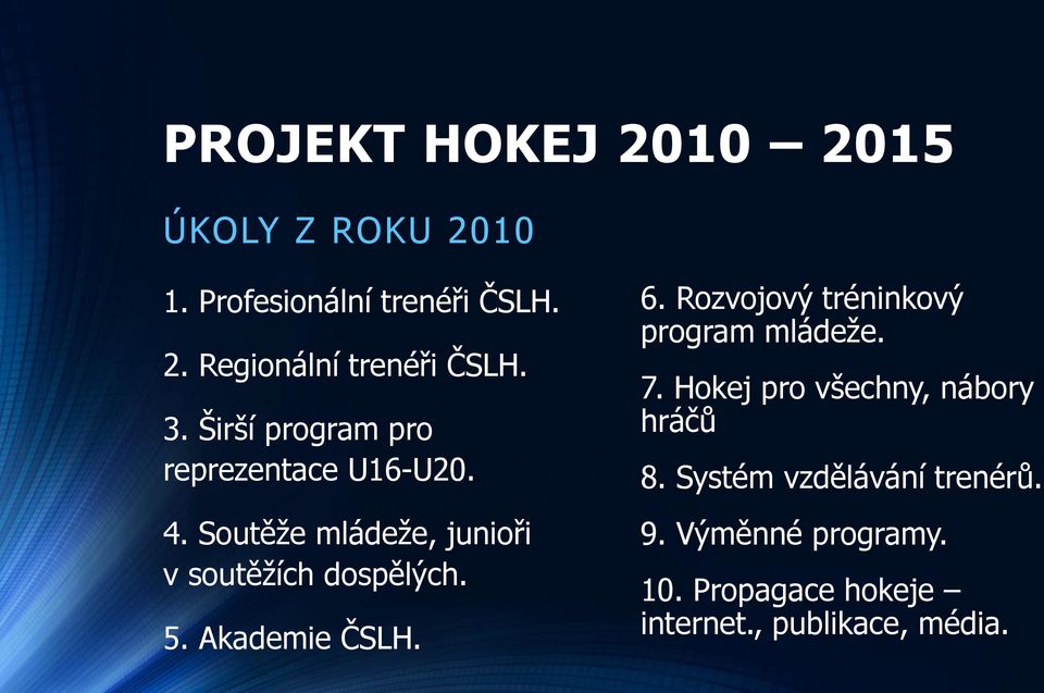 Akademie ČSLH. 6. Rozvojový tréninkový program mládeže. 7. Hokej pro všechny, nábory hráčů 8.