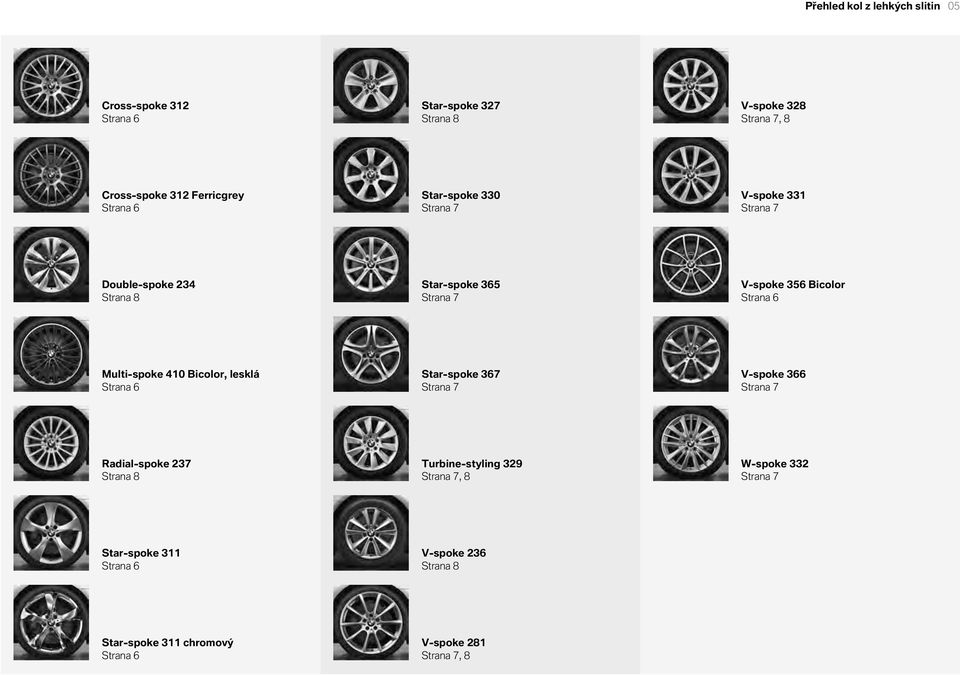 Multi-spoke 410 Bicolor, lesklá Strana 6 Star-spoke 367 Strana 7 V-spoke 366 Strana 7 Radial-spoke 237 Strana 8 Turbine-styling 329