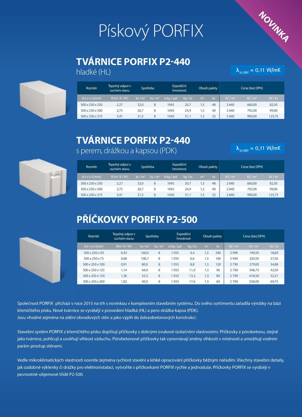 99,00 500 x 250 x 375 3,41 21,3 8 1045 31,1 1,5 32 2 640 990,00 123,75 TVÁRNICE PORFIX P2-440 s perem, drážkou a kapsou (PDK) = 0,11 W/mK v suchém stavu d x v x š [mm] R [m 2.