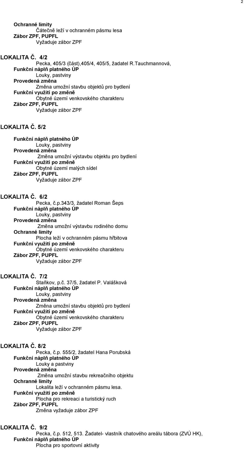 7/2 Staňkov, p.č. 37/5, ţadatel P. Valášková Změna umoţní stavbu objektů pro bydlení LOKALITA Č. 8/2 Pecka, č.p. 555/2, ţadatel Hana Porubská Louky a pastviny Změna umoţní stavbu rekreačního objektu Lokalita leţí v ochranném pásmu lesa.