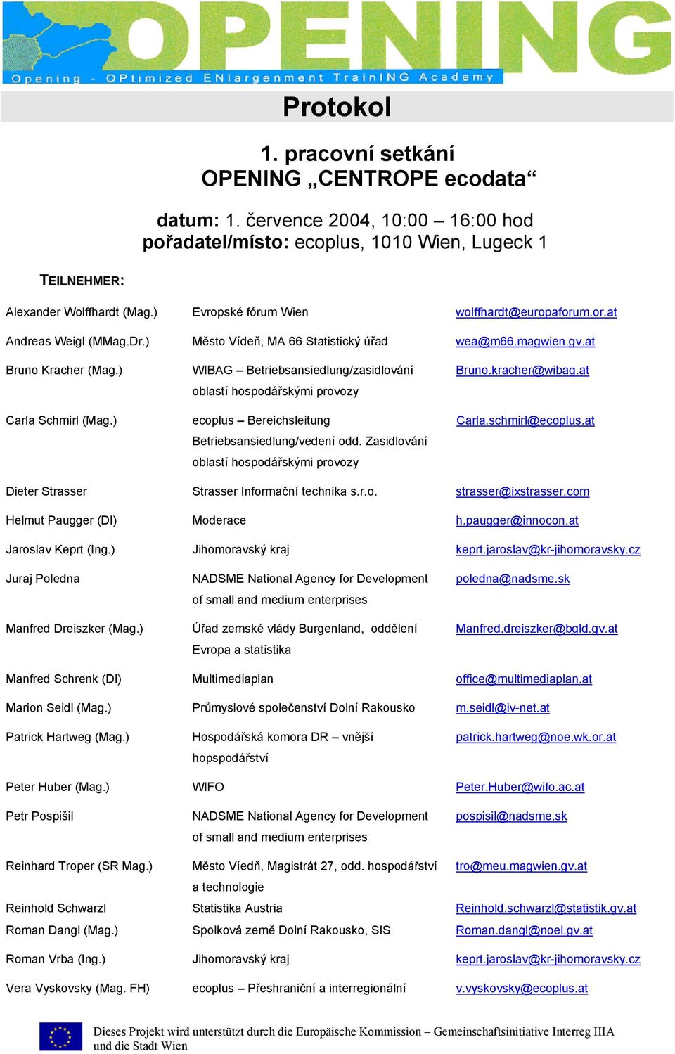 ) WIBAG Betriebsansiedlung/zasidlování oblastí hospodářskými provozy ecoplus Bereichsleitung Betriebsansiedlung/vedení odd. Zasidlování oblastí hospodářskými provozy Bruno.kracher@wibag.at Carla.