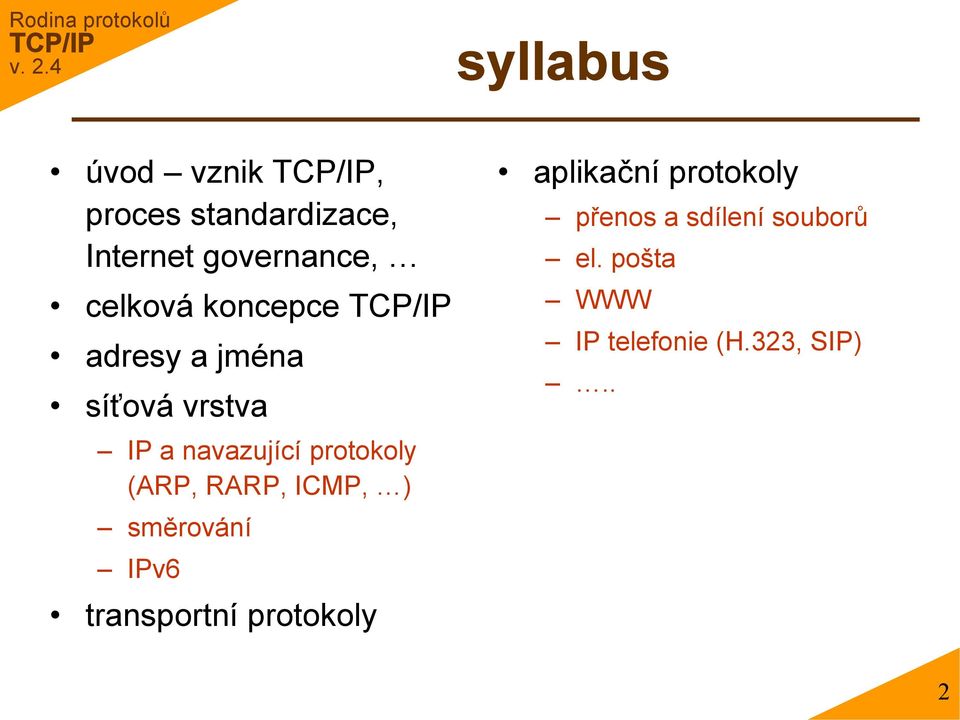 (ARP, RARP, ICMP, ) směrování IPv6 transportní protokoly aplikační