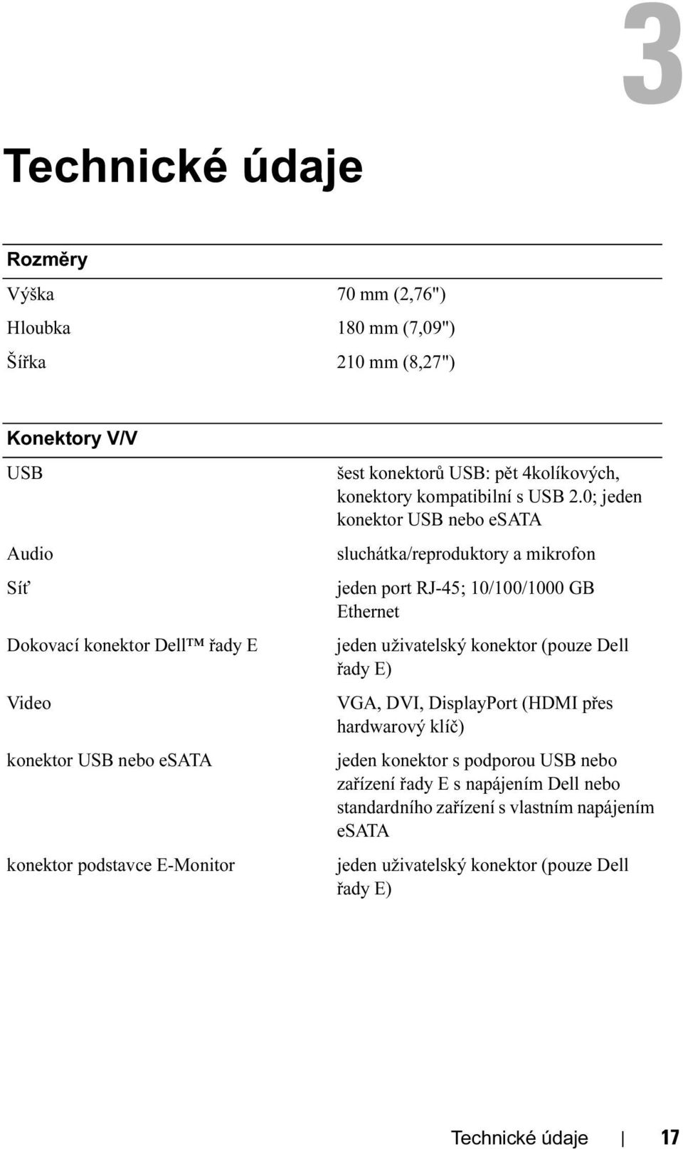 0; jeden konektor USB nebo esata sluchátka/reproduktory a mikrofon jeden port RJ-45; 10/100/1000 GB Ethernet jeden uživatelský konektor (pouze Dell řady E) VGA, DVI,