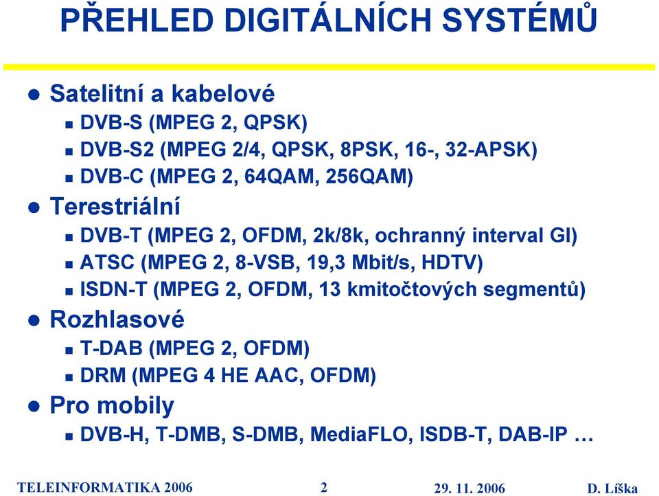 (MPEG 2, 8-VSB, 19,3 Mbit/s, HDTV) ISDN-T (MPEG 2, OFDM, 13 kmitočtových segmentů) Rozhlasové T-DAB (MPEG